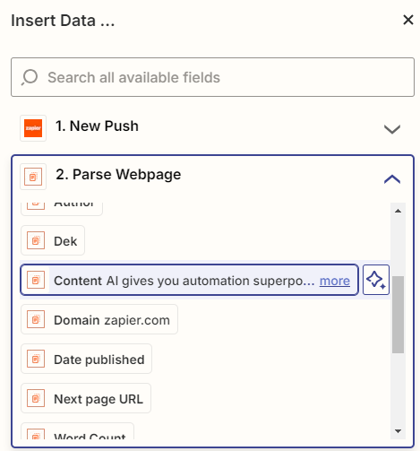 The Insert Data menu in a web parser step in the Zap editor with Content selected in the dropdown menu.