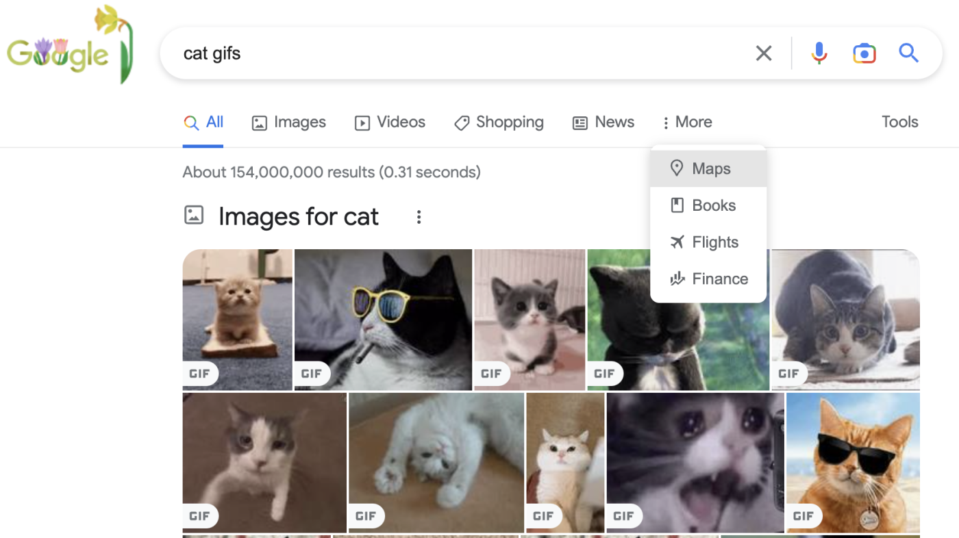 A portion of a Google Search results page for cat gifs. Directly beneath the search bar are various tabs to filter the results by category, including images, videos, and shopping.