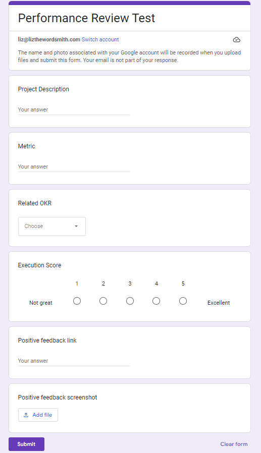 An example Google Form for tracking your performance