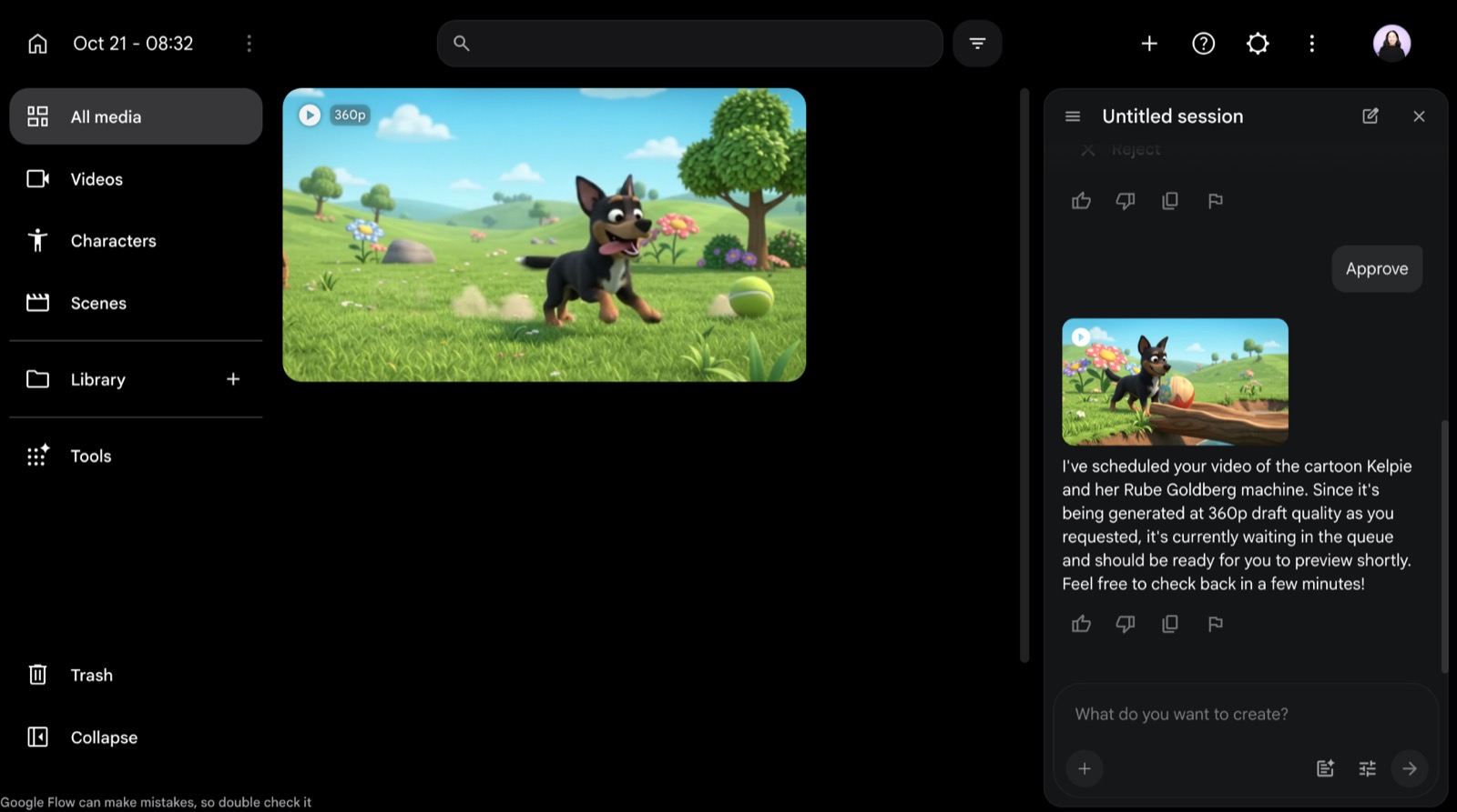 Rendered cartoon dog video in Google Flow