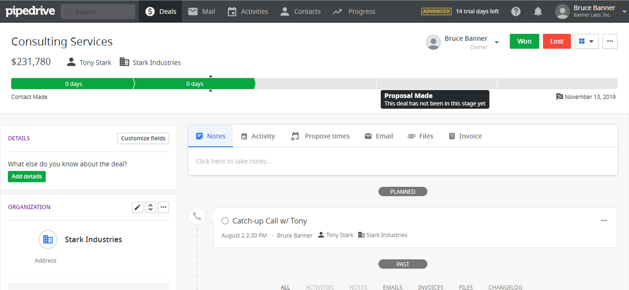 Examining a deal in Pipedrive CRM