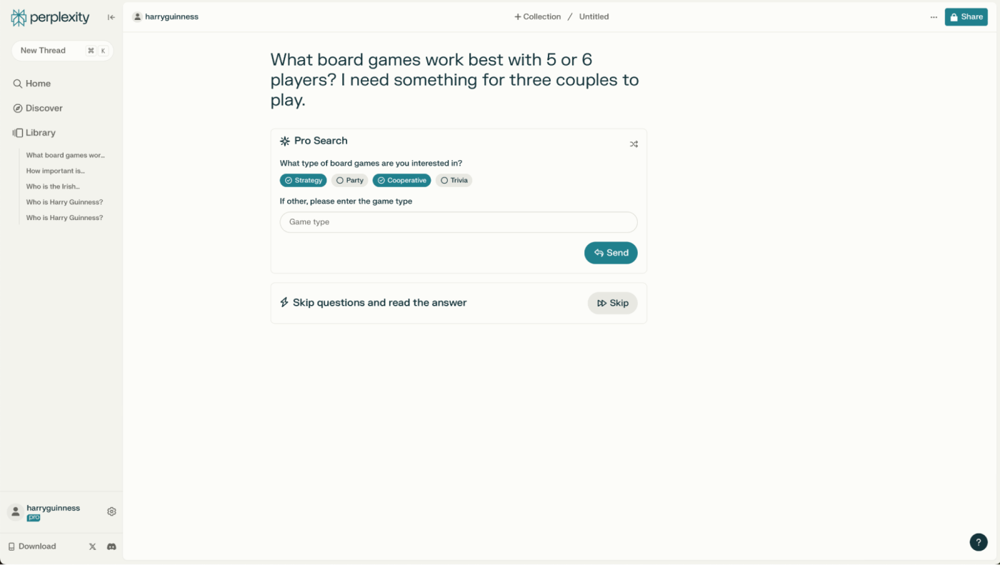 Showing the Pro Search answer when asking about board games for 5 or 6 people