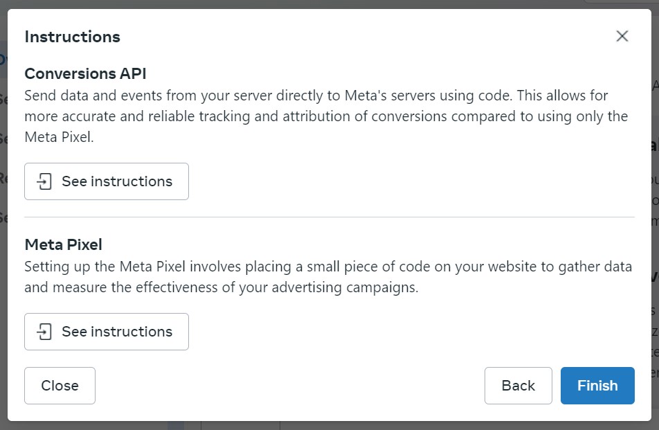 Links to the instructions for the Conversions API and Meta Pixel