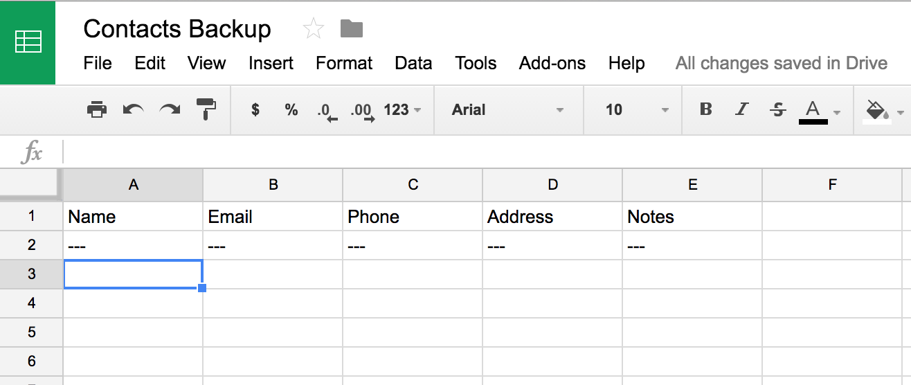 Contacts Spreadsheet