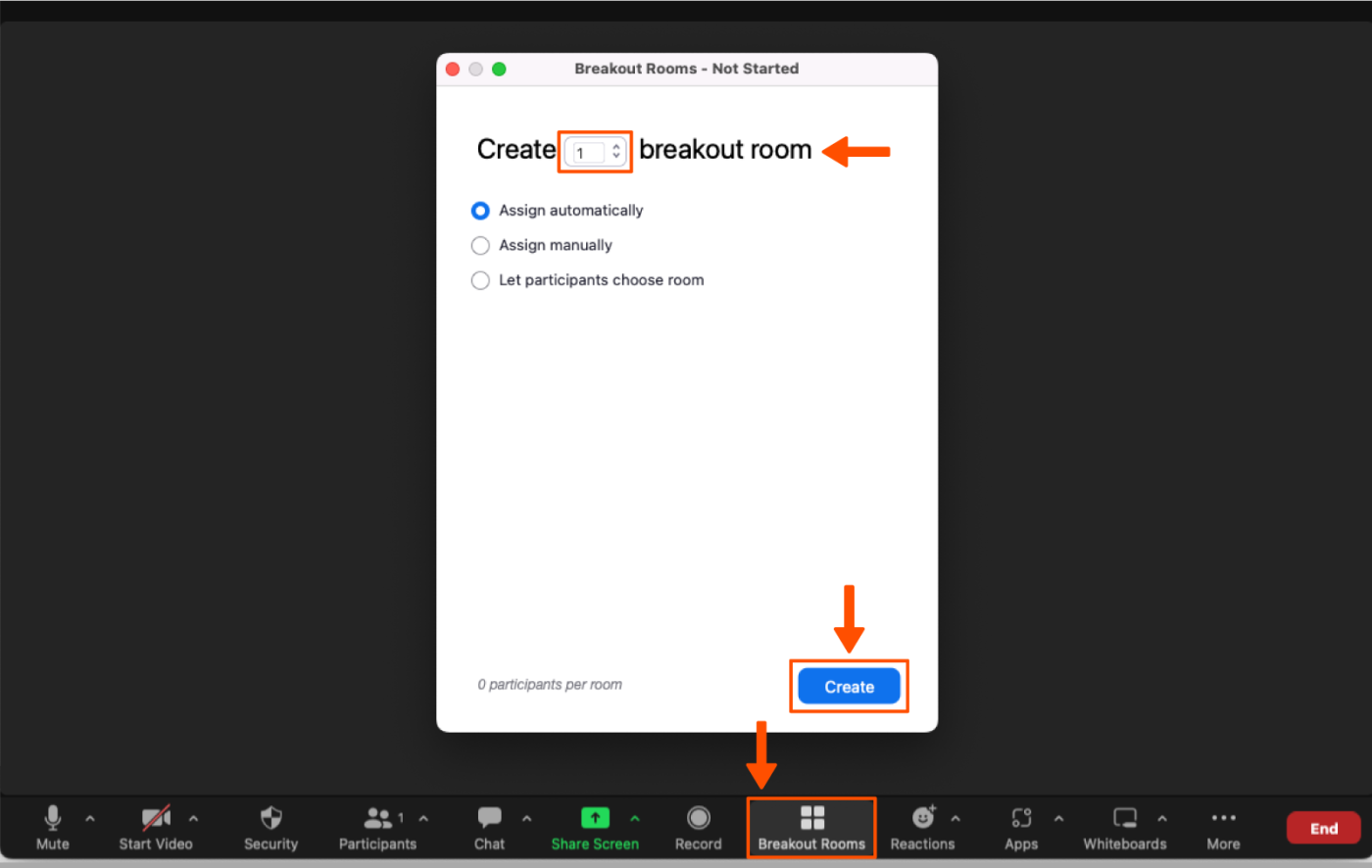 Screenshot of a Zoom screen during a meeting, with an arrow pointing to the "breakout rooms" button and a window that allows you to manually create breakout rooms during a meeting