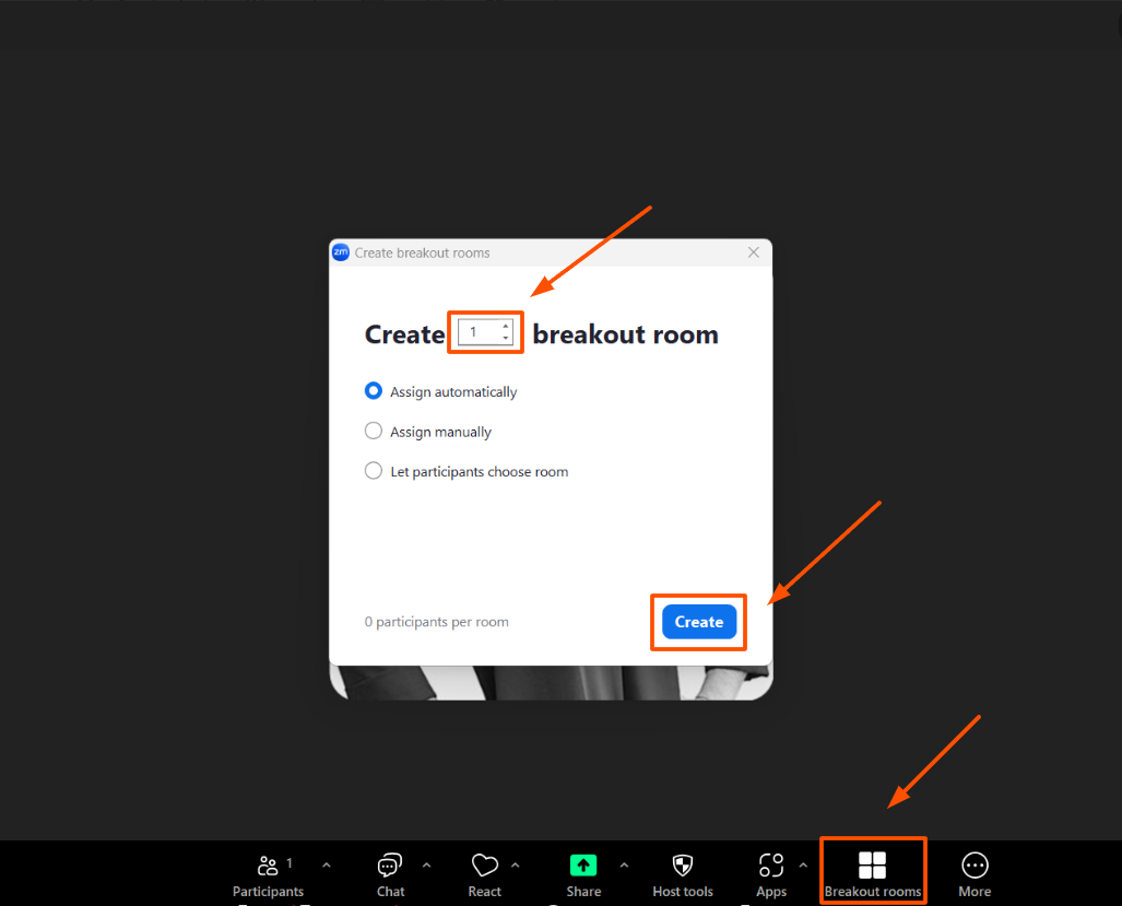 Screenshot of a Zoom screen during a meeting, with an arrow pointing to the "breakout rooms" button and a window that allows you to manually create breakout rooms during a meeting