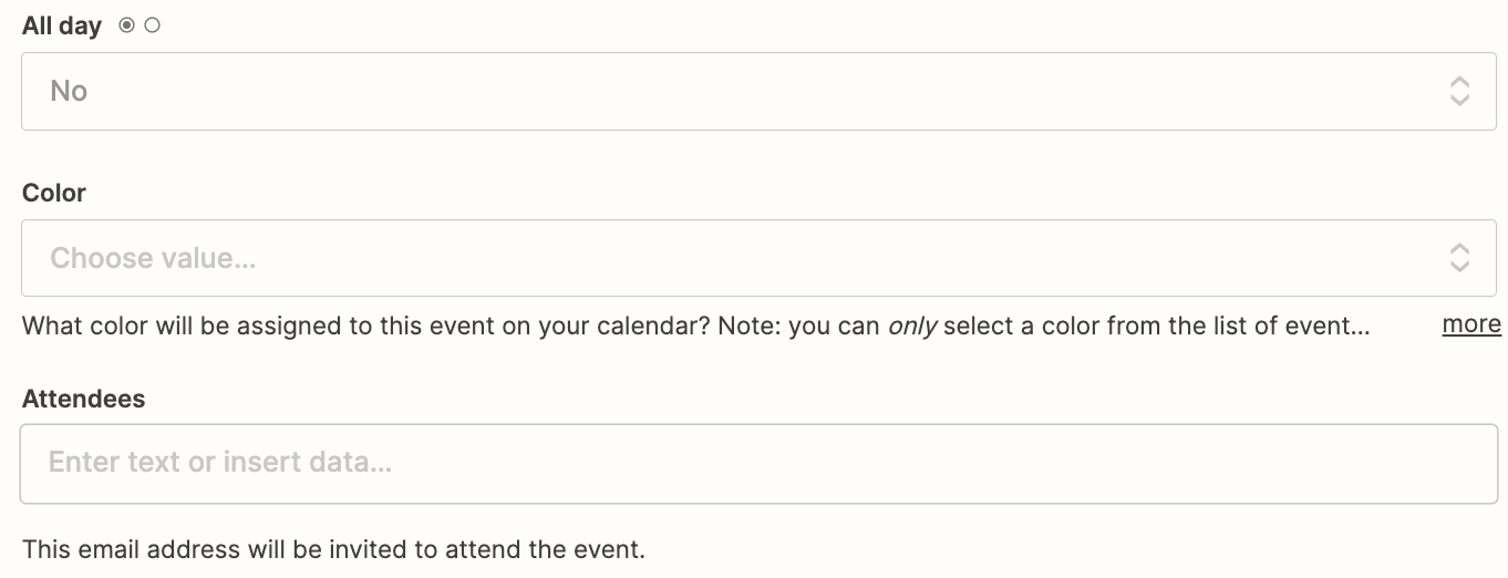 Google Calendar trigger step fields.