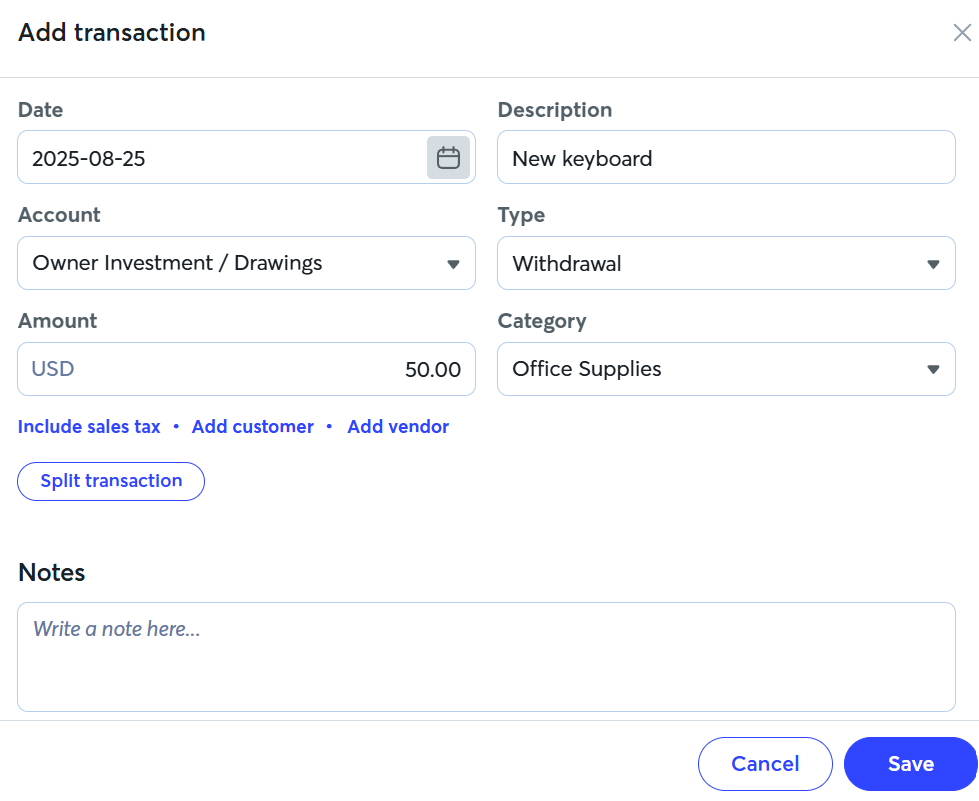 The page to add a transaction in Wave