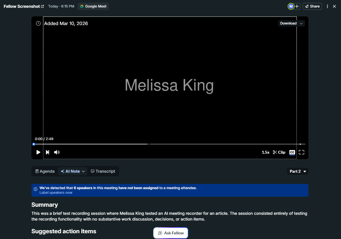 AI-generated meeting summary from Fellow. 