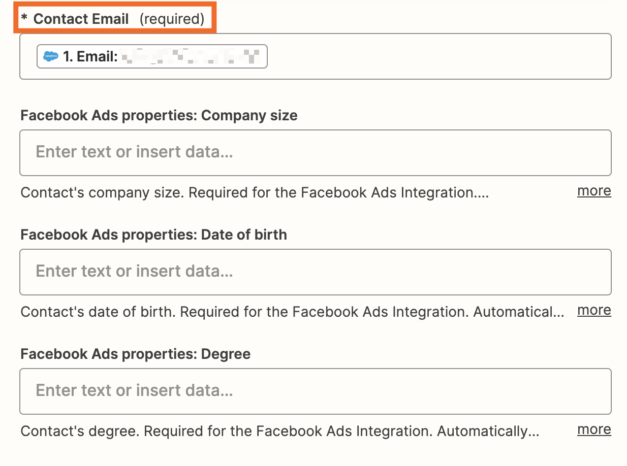 HubSpot fields in the Zap editor with an orange box around the Contact email field.