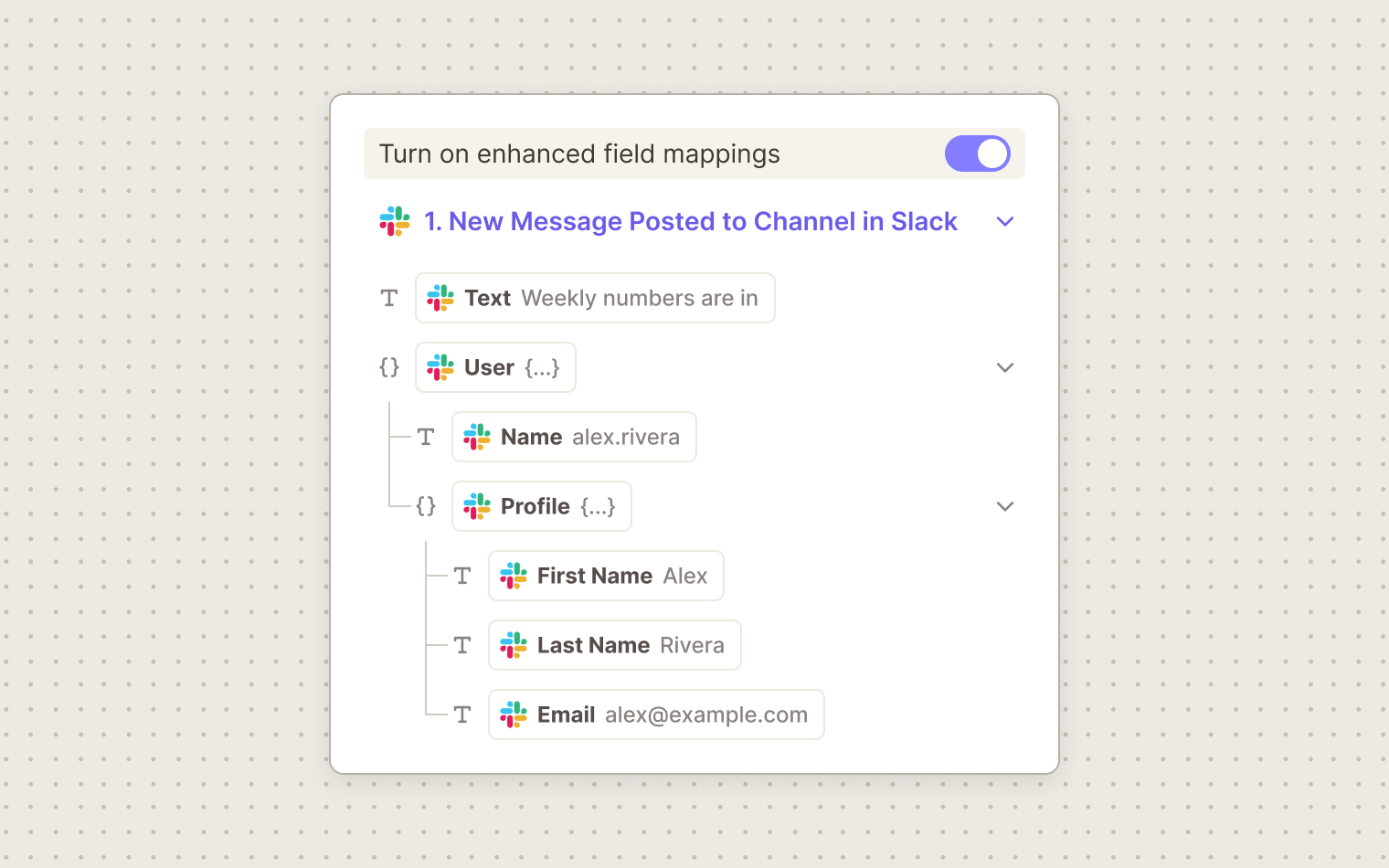 Illustration of the Zapier field mapping dropdown with enhanced field mappings on and a Slack step shown as a tree with type icons: Text, then User expanded to Name and Profile, and Profile expanded to First Name, Last Name and Email.