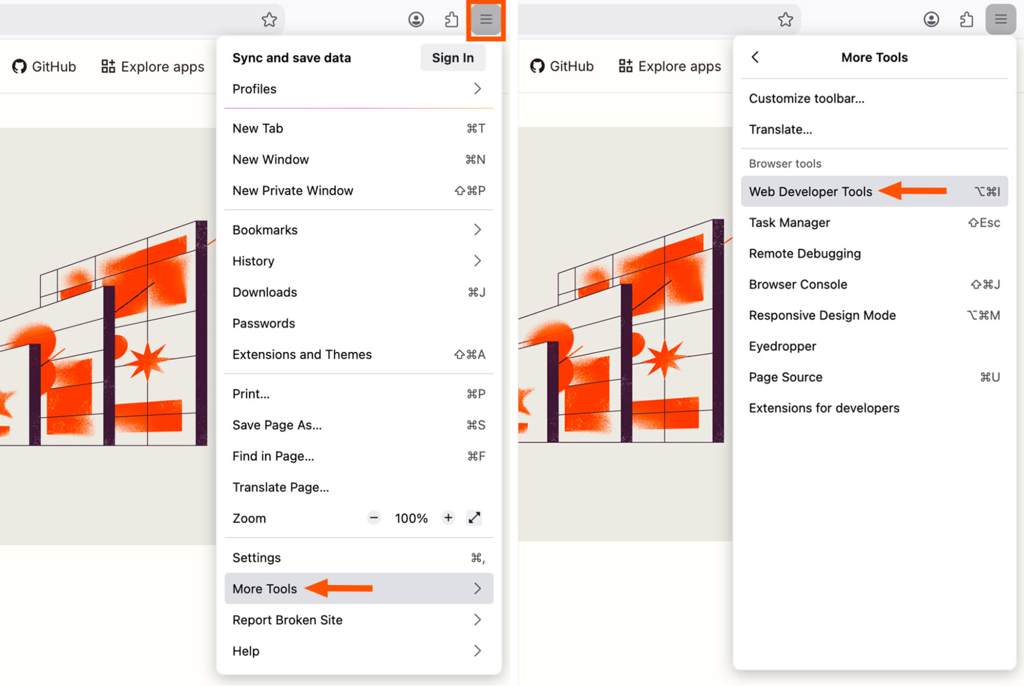 Split view of the expanded hamburger menu in Firefox. On the left, more tools is selected; on the right, web developer tools is highlighted.