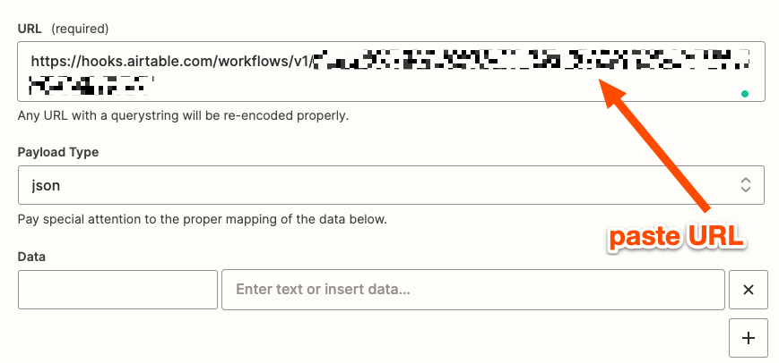 An orange arrow points to the URL field where you should paste your webhooks URL.