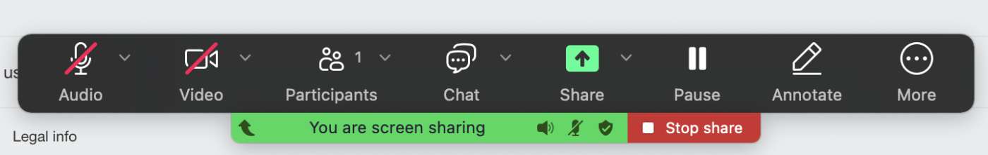 Zoom control bar during a screen share with an option to stop sharing.