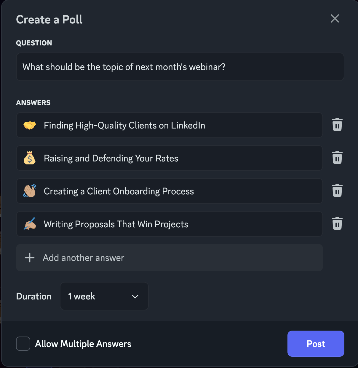 The poll settings in Discord