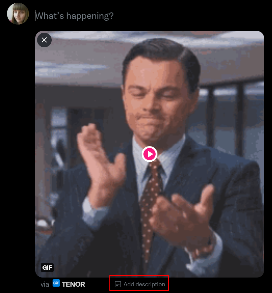 Twitter's editor interface with a GIF of Leonardo DiCaprio clapping ready to post. The "Add description" option directly below the GIF in the center is highlighted with a red box.