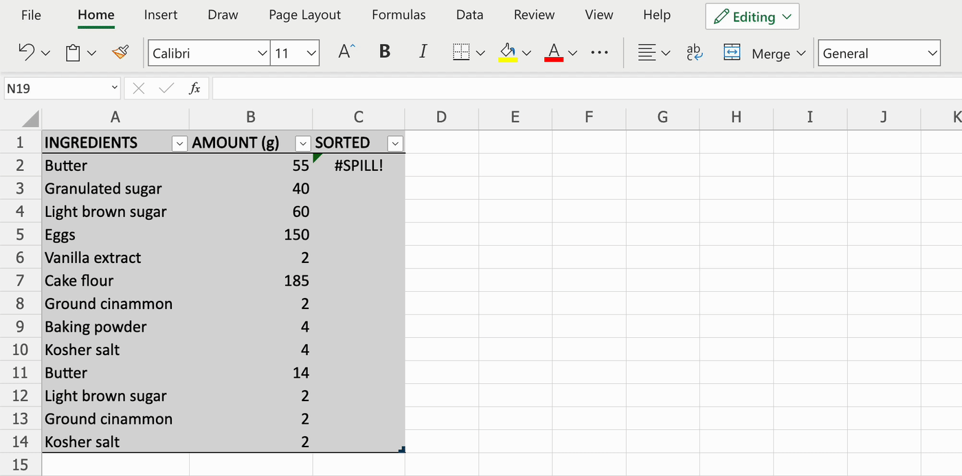 A screen recording of an Excel worksheet with data formatted in a table. Column C in the table has a #SPILL error. The mouse clicks a random cell in the table and then selects Table Design from the ribbon. The #SPILL error immediately updates with a spill of unique ingredients.