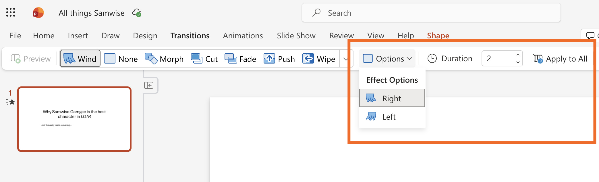 Transitions ribbon in PowerPoint with options to modify transition settings highlighted. 