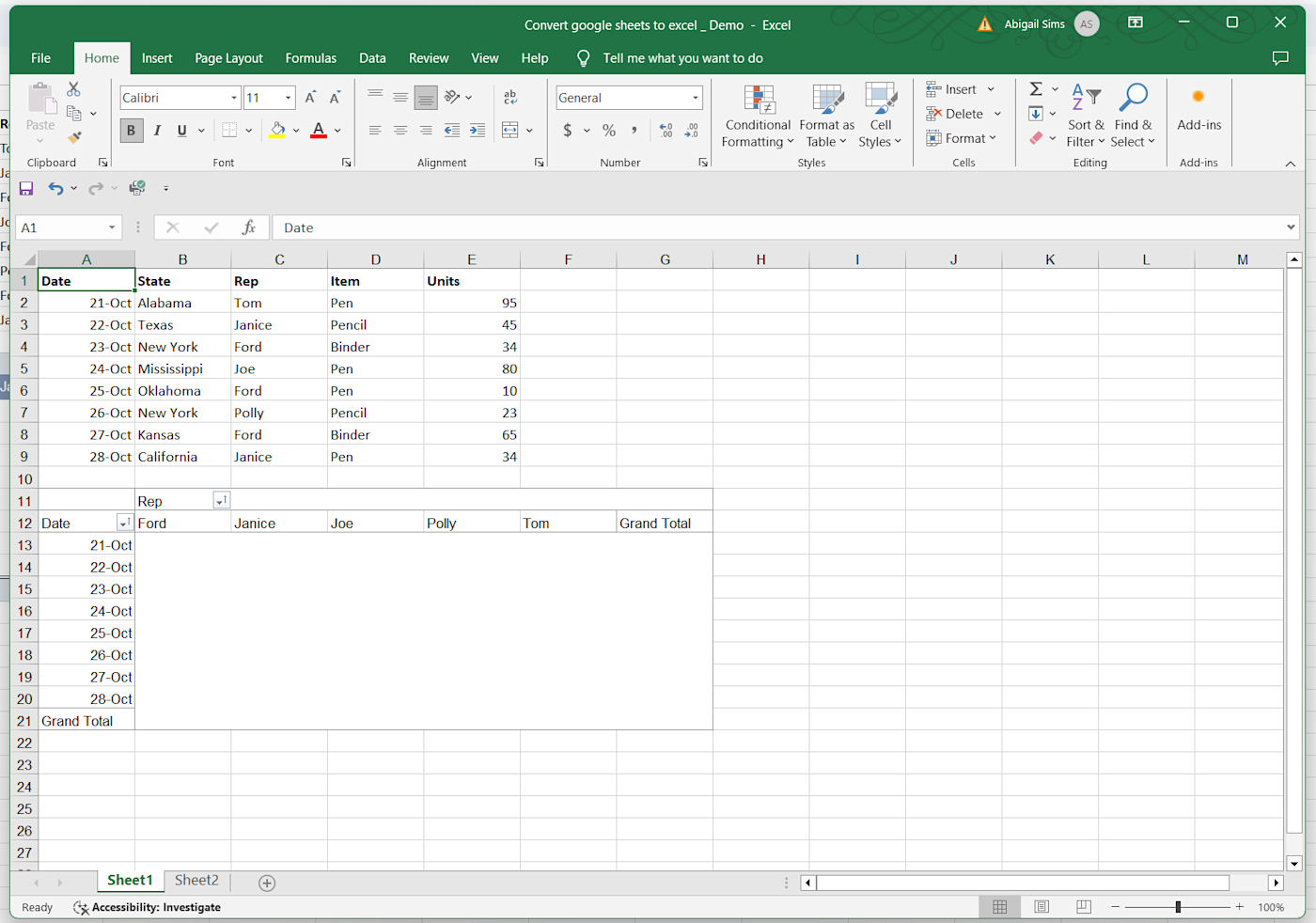 Screenshot of Excel 