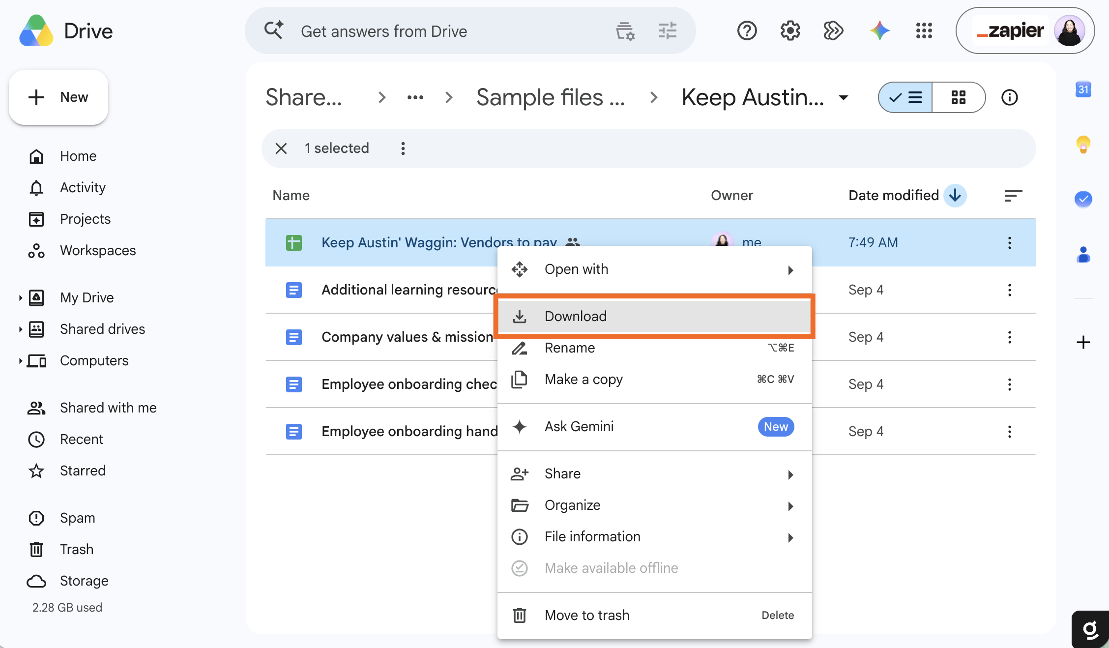 Right-click menu of a Google Sheets file in Google Drive.