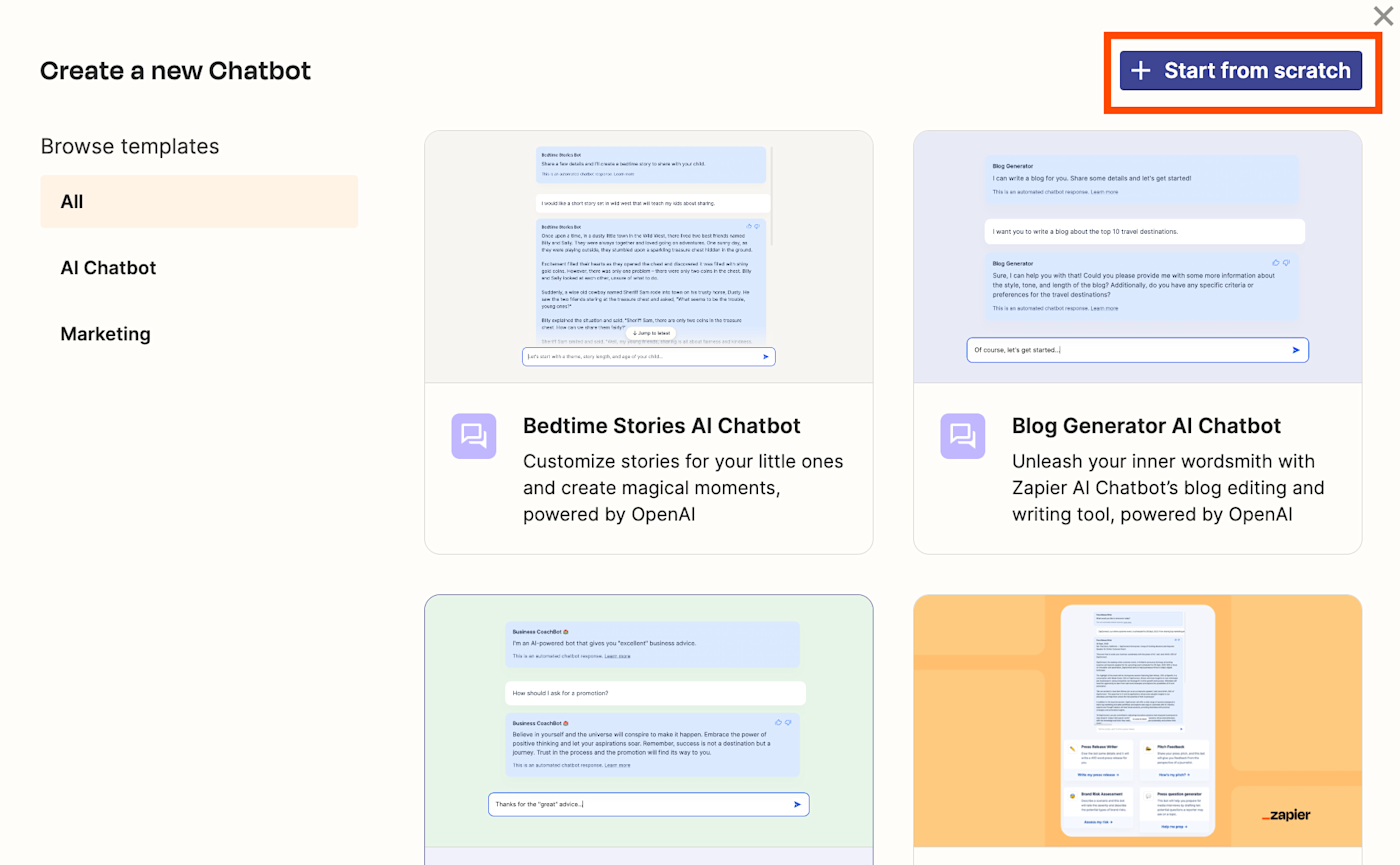 The Create a new Chatbot landing page with an orange box around the "Start from scratch" button.