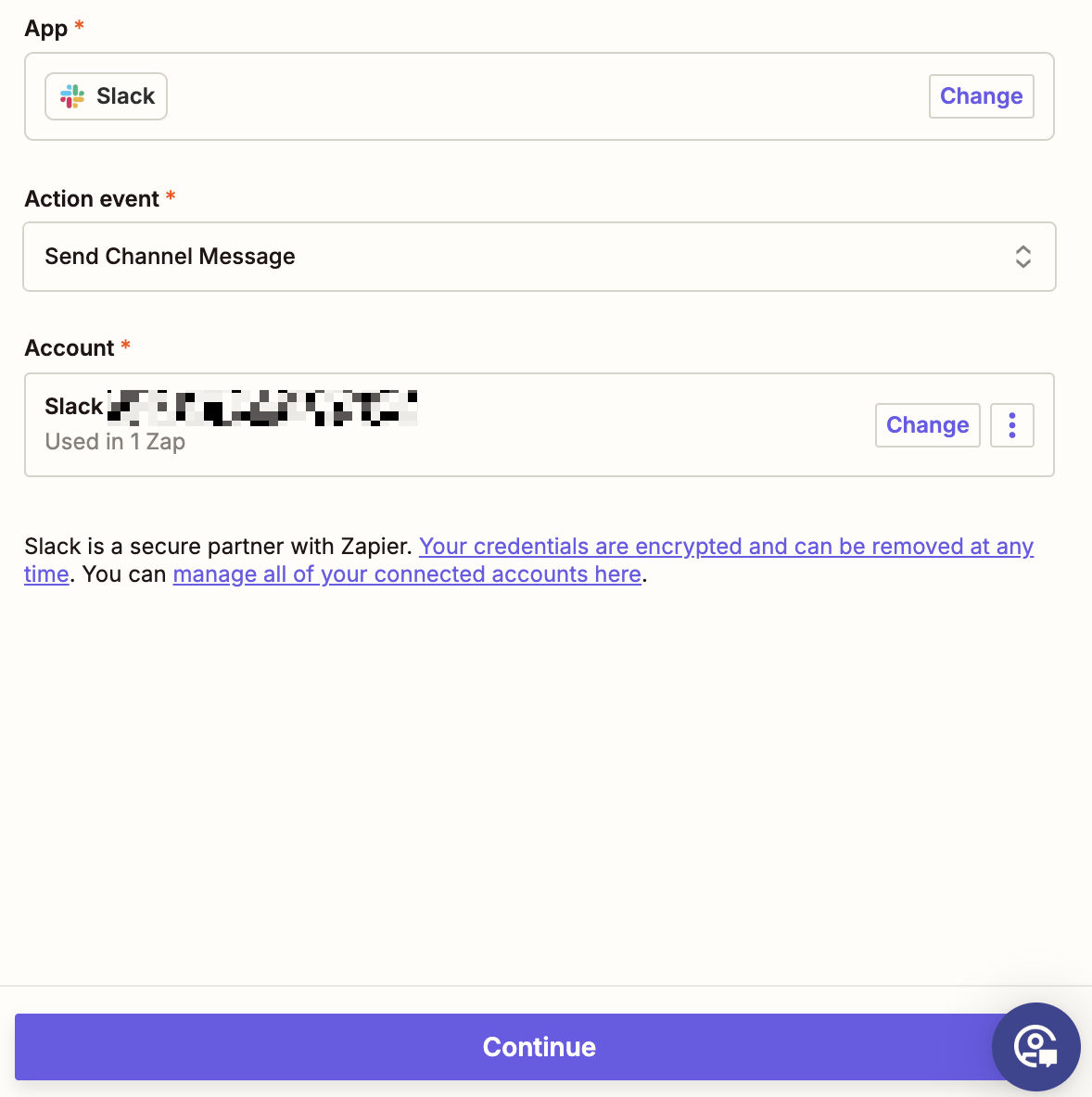 A Slack action step in the Zap editor with Send Channel Message selected for the action event.