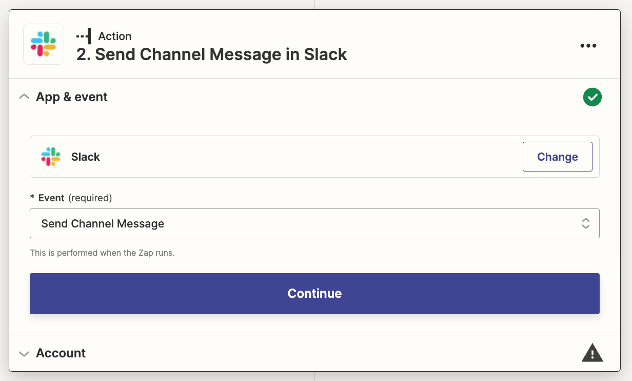 A Slack action step in the Zap editor with Send Channel Message selected for the action event.