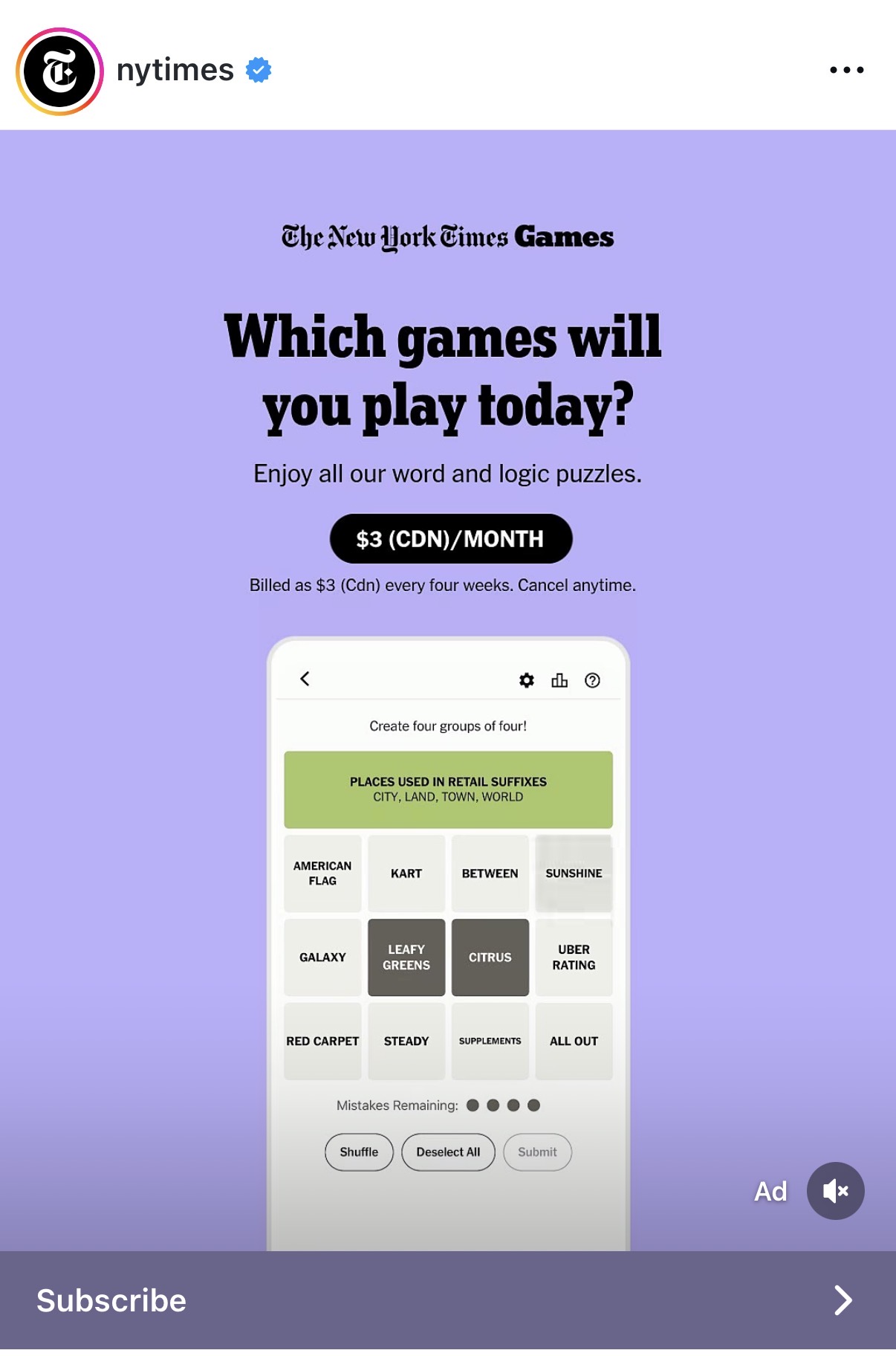 Instagram in-feed ad for NYT Games. 