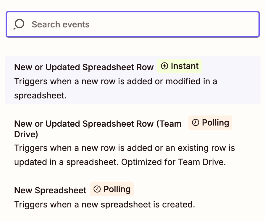 Screenshot of Google Sheets triggers options in Zapier