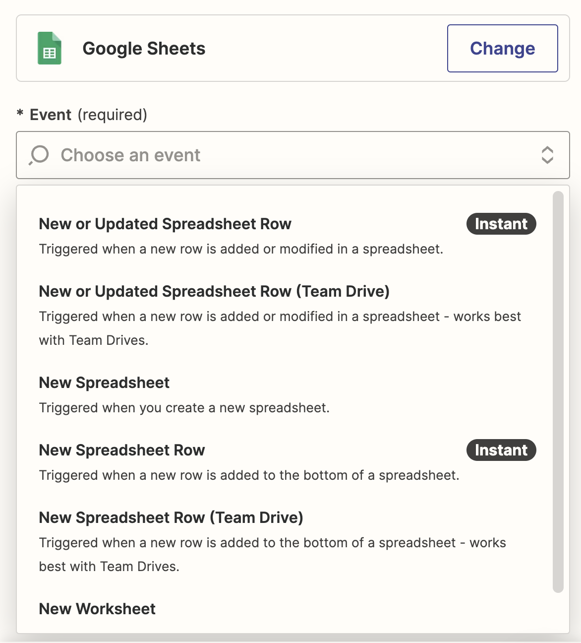 Screenshot of Google Sheets triggers options in Zapier