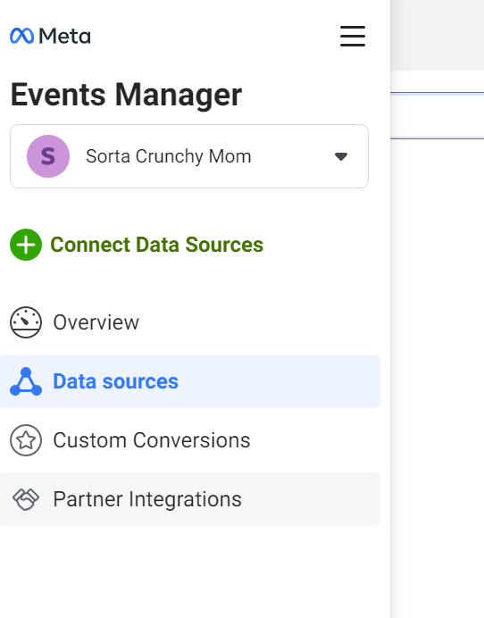 In the Events Manager menu, Data sources has been selected.