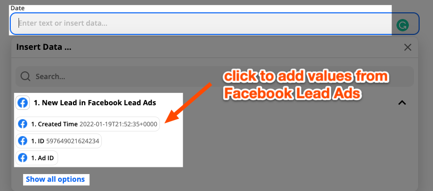 Setting up the action step in Zapier. A dropdown menu shows information from Facebook Lead Ads. An arrow points to the values, instructing the user to click to add to a field.