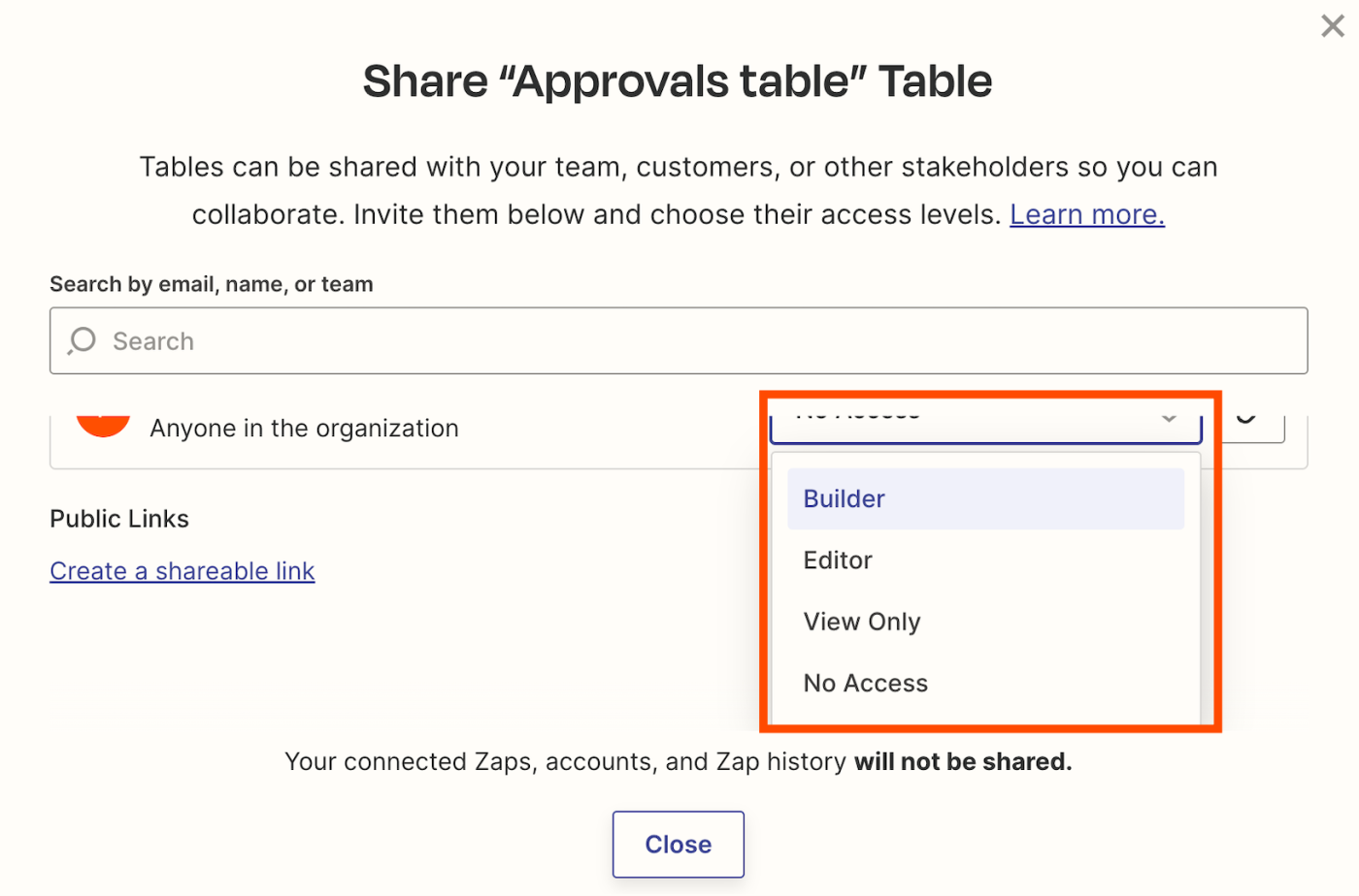 Screenshot of share access options