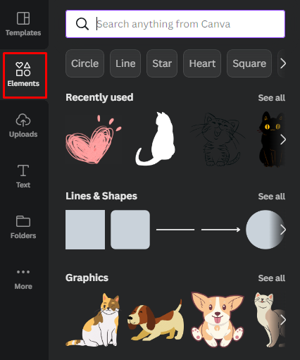 The Elements tab in Canva