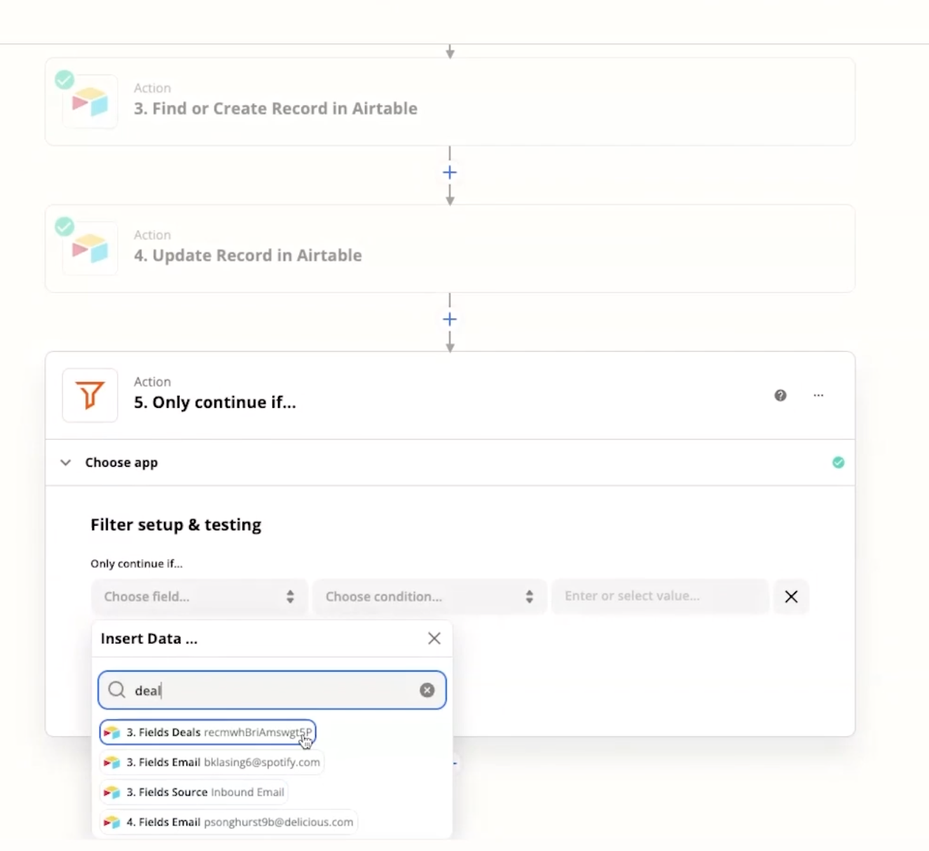 A filter step with a data dropdown menu open to show data from a previous Airtable step.