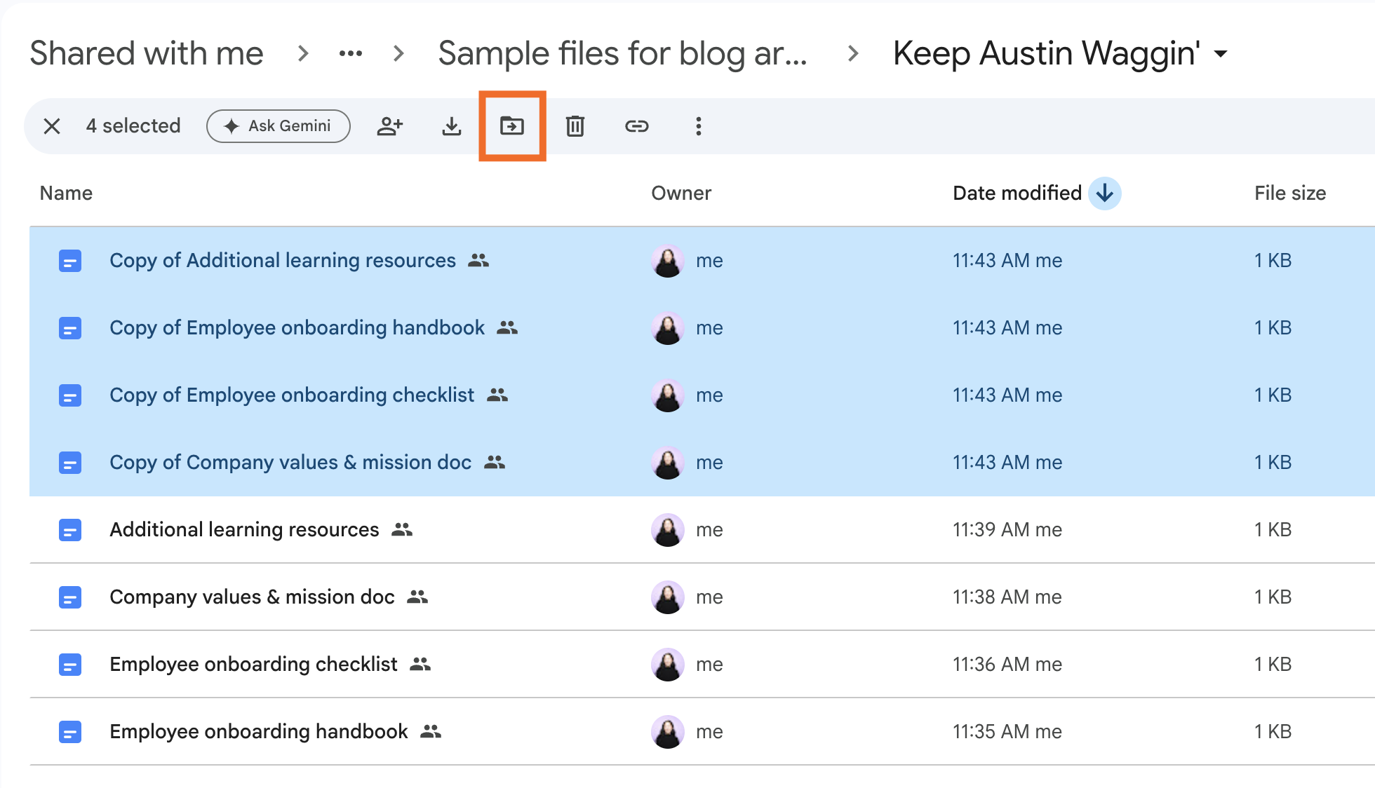 Highlighted list of Google Drive files with the option to move them to another folder highlighted in the toolbar.