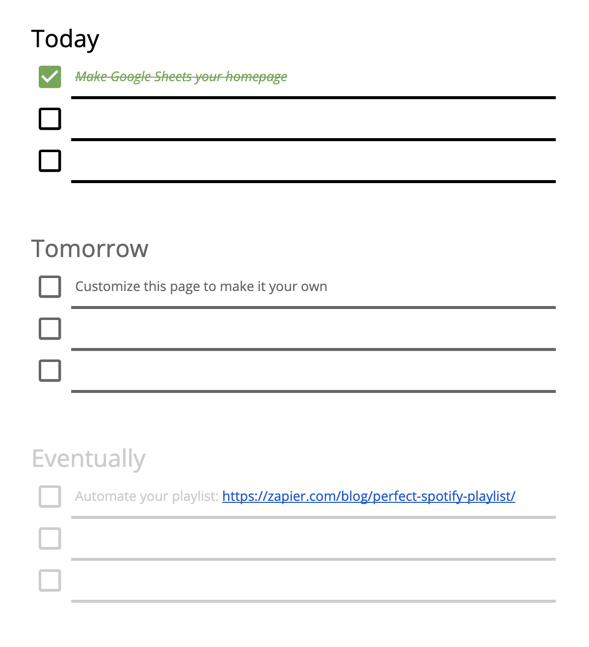 A to-do list with three sections in Google Sheets