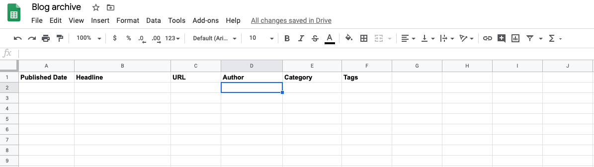 Columns labeled for a Google Sheets spreadsheet.