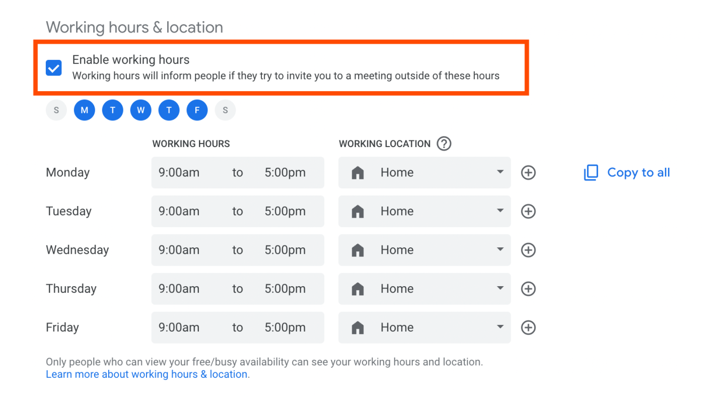 A screenshot of the Working hours section of Google Calendar.