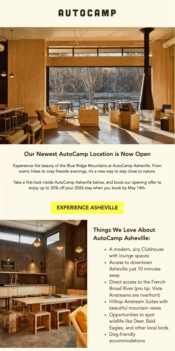 Product update email marketing example from boutique hotel AutoCamp.