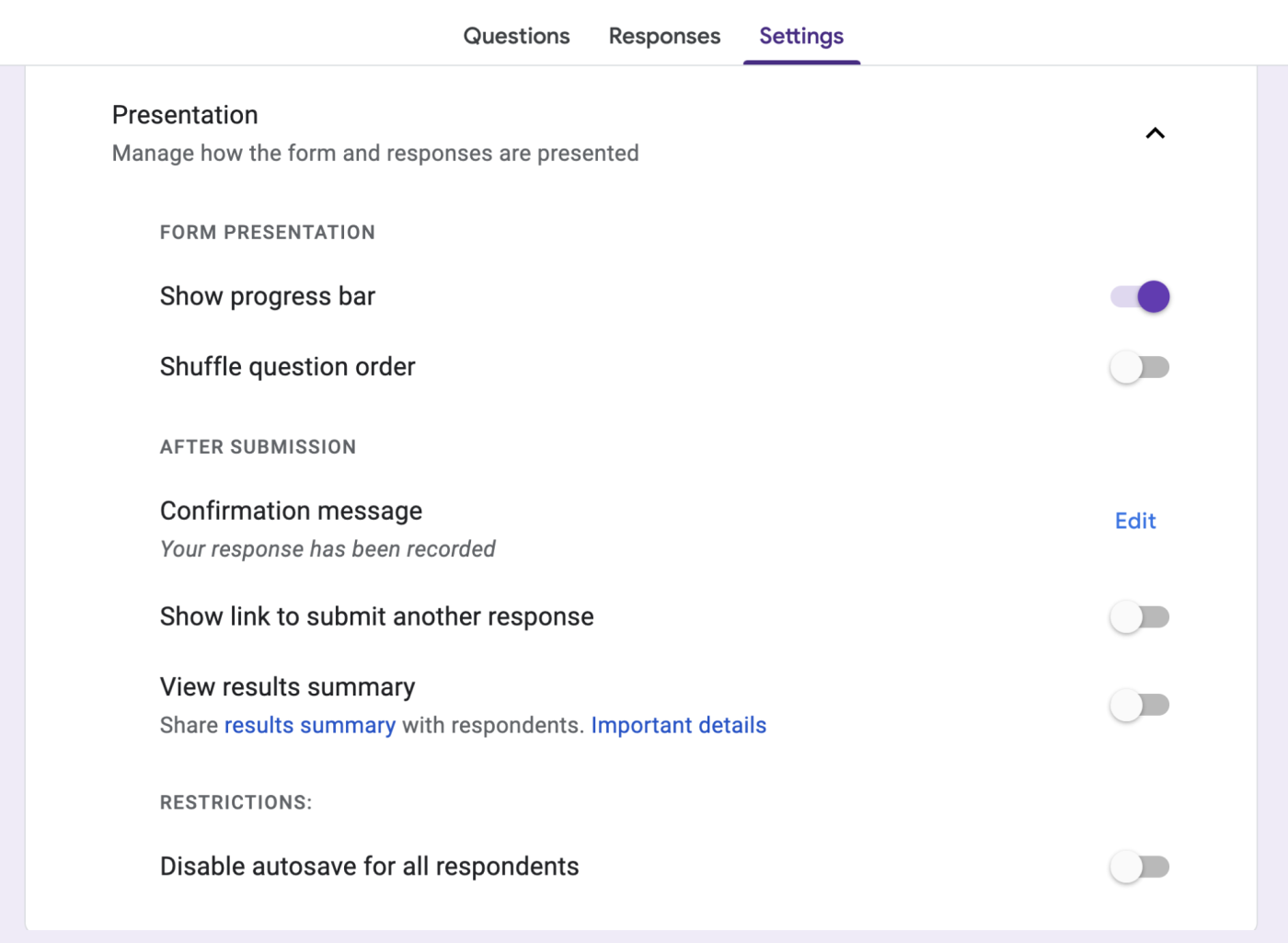 How to change Google Forms presentation settings.