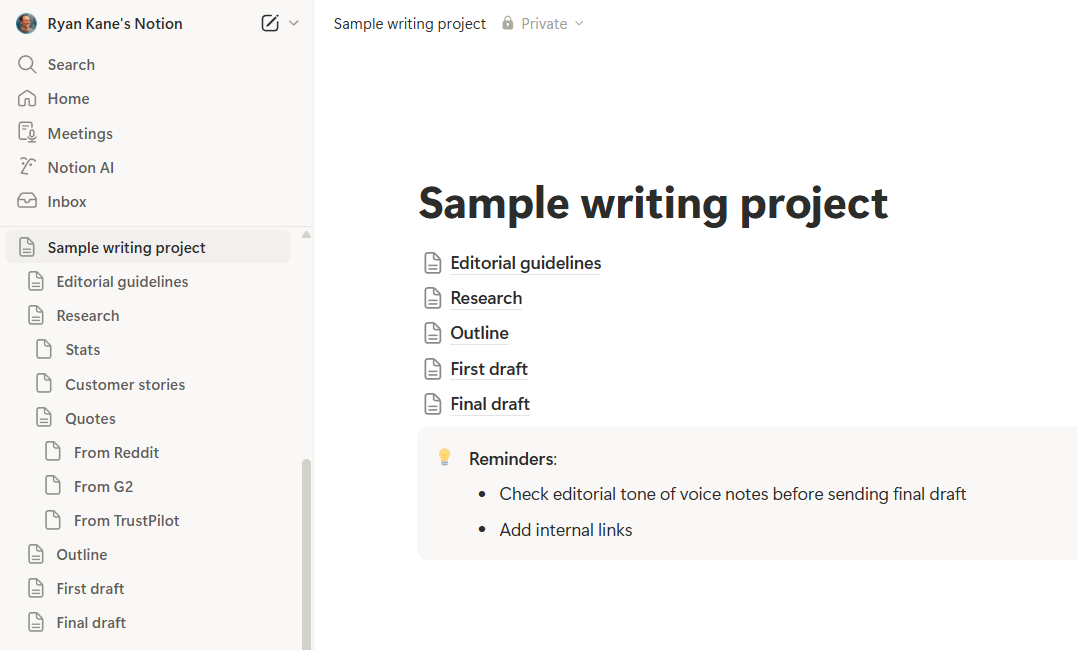 A sample writing project in Notion
