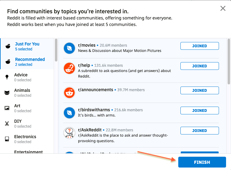 Subreddit suggestions during sign-up