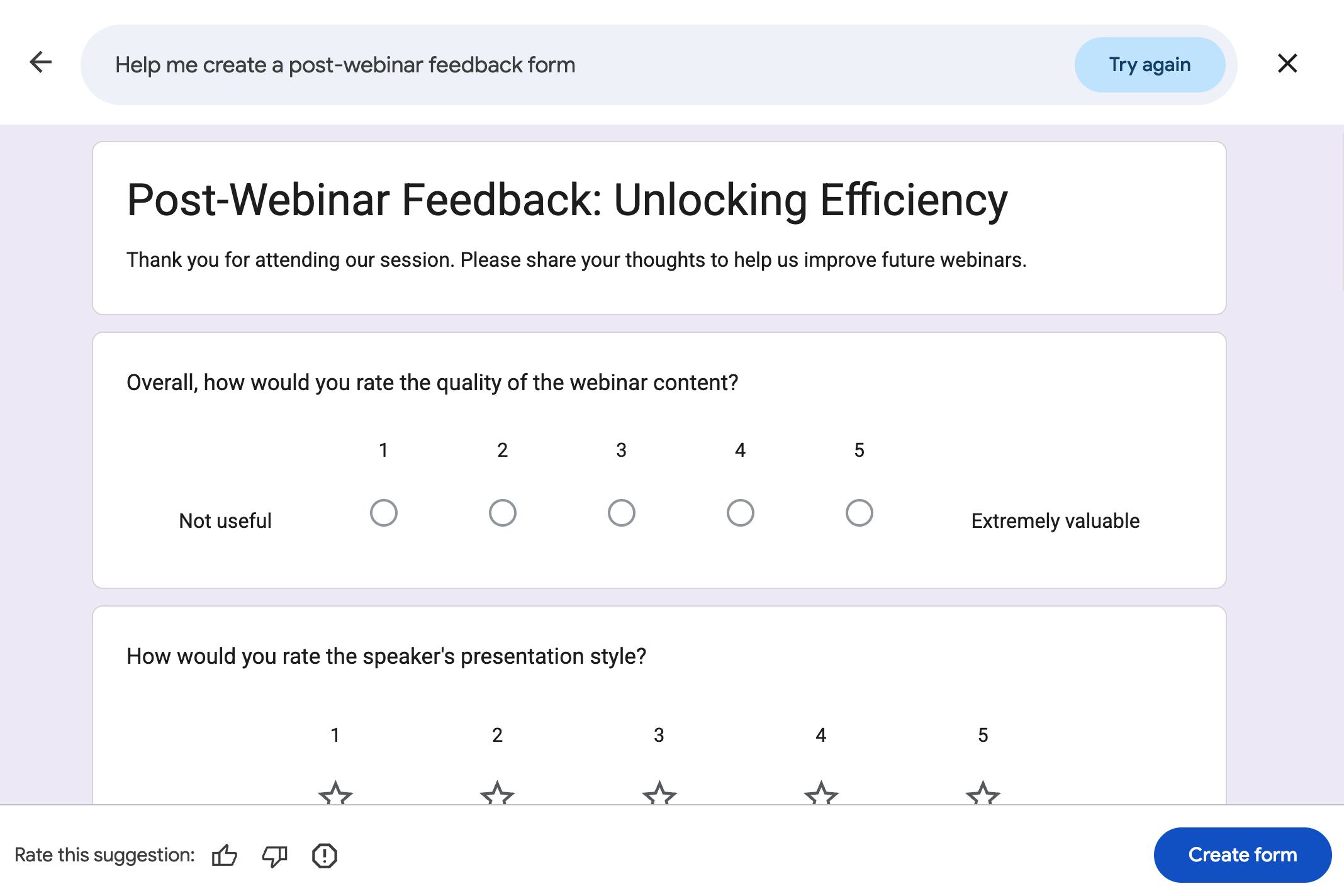 Preview of a webinar feedback form generated with Gemini in Google Forms.