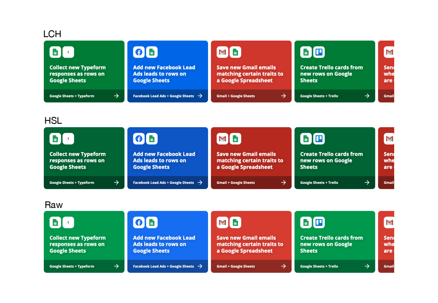 A grid of cards with white text and small app icons in a field of either green, blue or red, generated using different color spaces. 