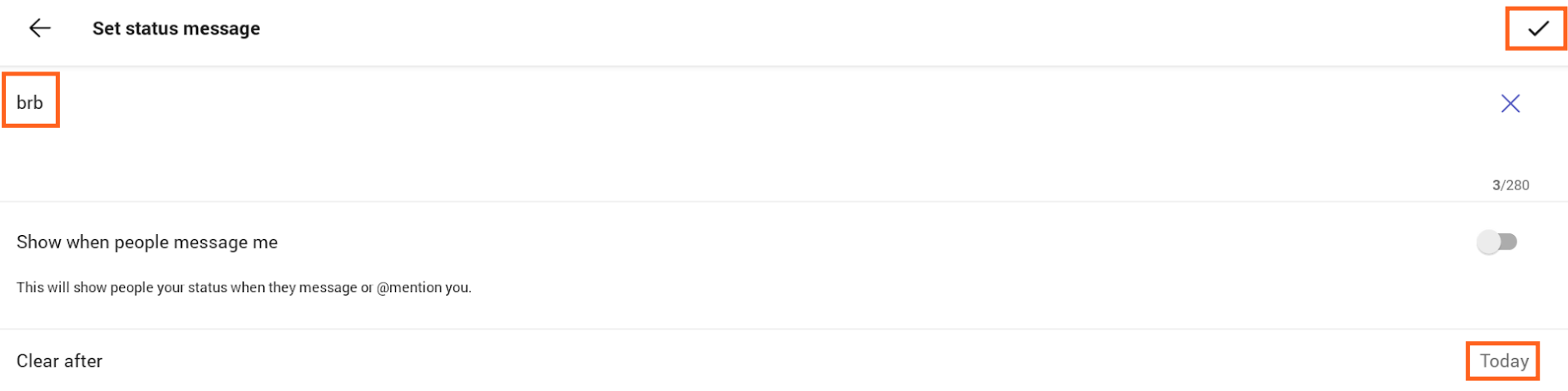 Screenshot of Teams 365 status message box.