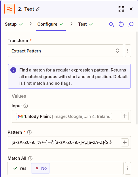 Configuring a regex step in Zapier Formatter