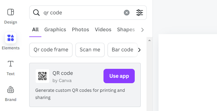 Screenshot showing where you click to create a QR code in canva