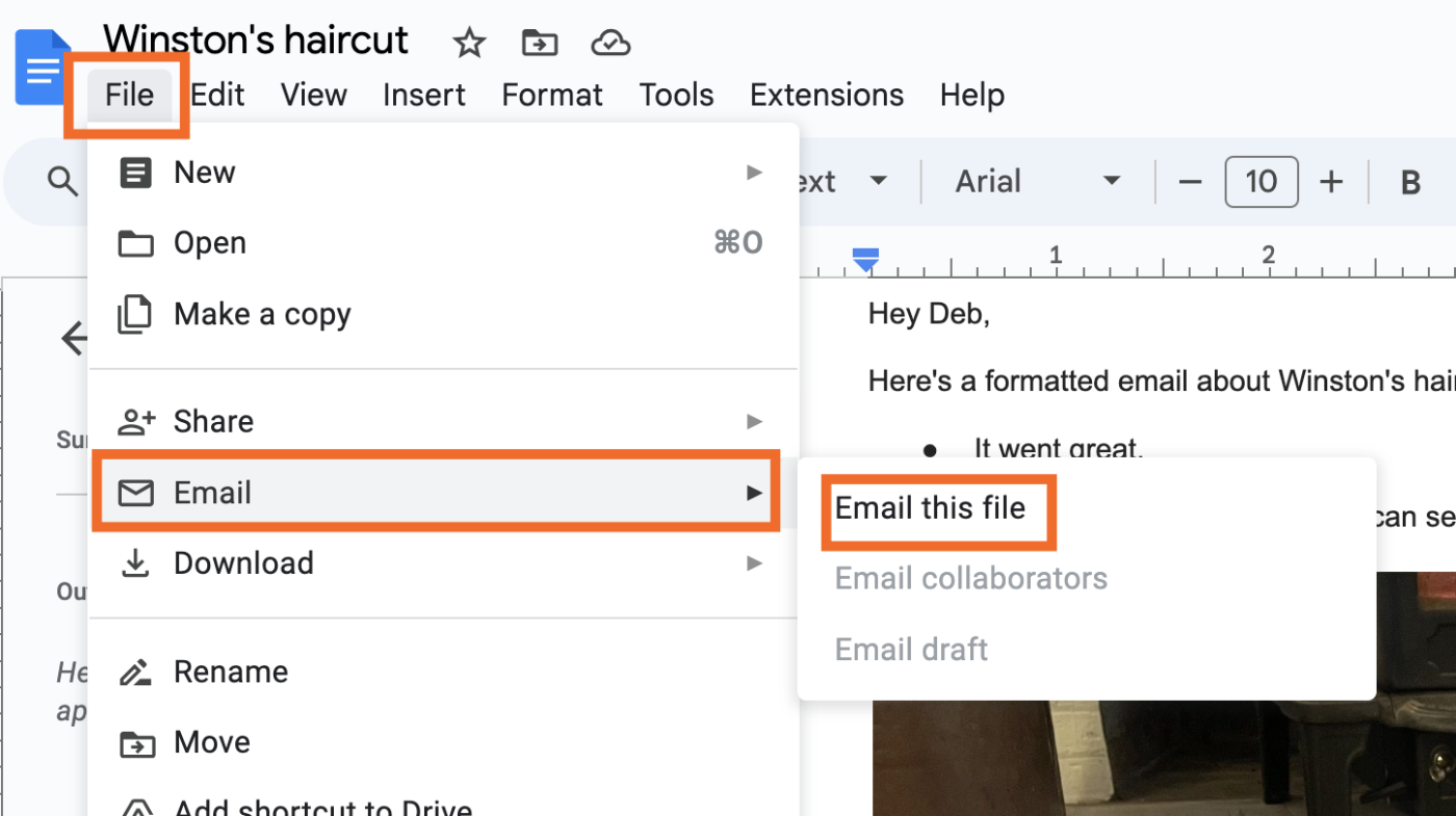 Clicking File > Email > Email this file from Google Docs