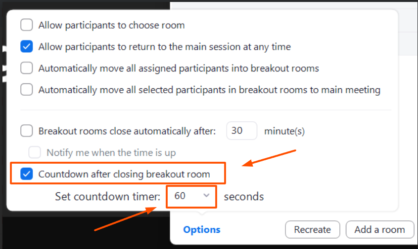 Screenshot of the same settings window in Zoom highlighting a box you can check to enable a countdown timer to close the breakout rooms